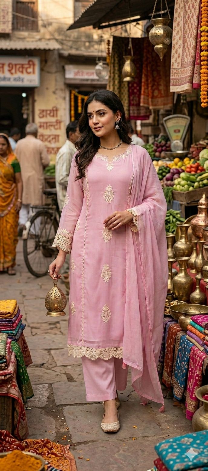 Chikankari Thread Embroidered Pastel Tone Soft A-Line Full Suit Set With Dupatta- 13703