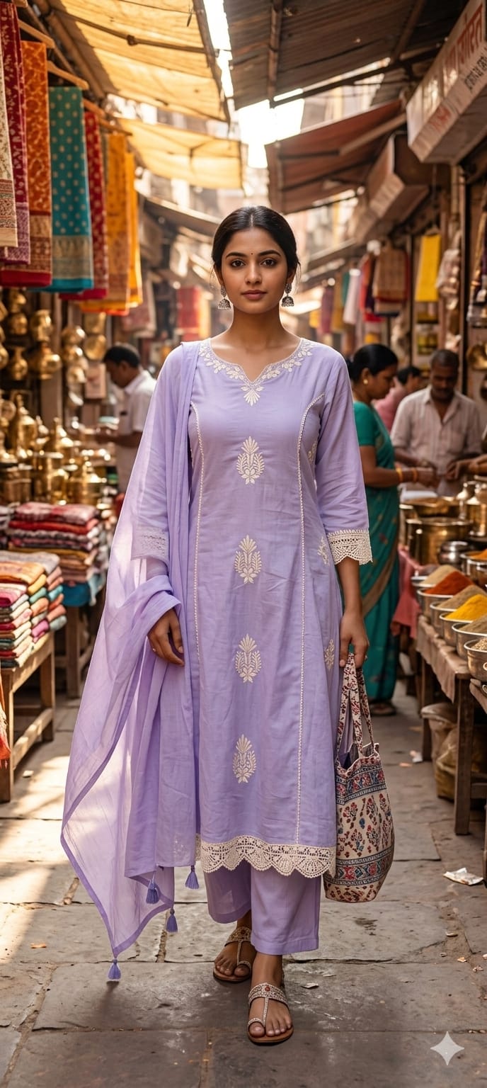 Chikankari Thread Embroidered Pastel Tone Soft A-Line Full Suit Set With Dupatta- 13703