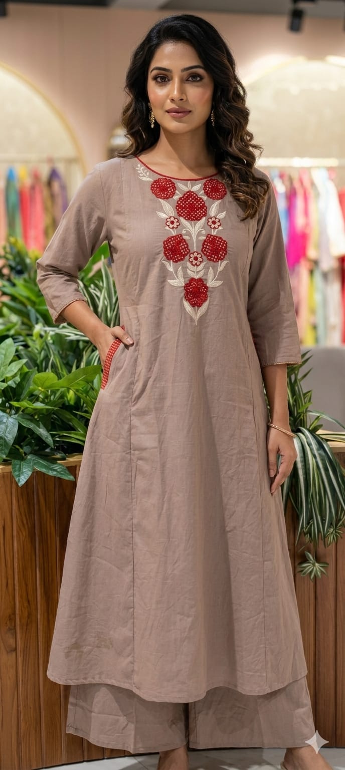 Floral Yoke Thread Embroidered A-Line Cotton Kurta Pant Set With Side Pockets- 13714