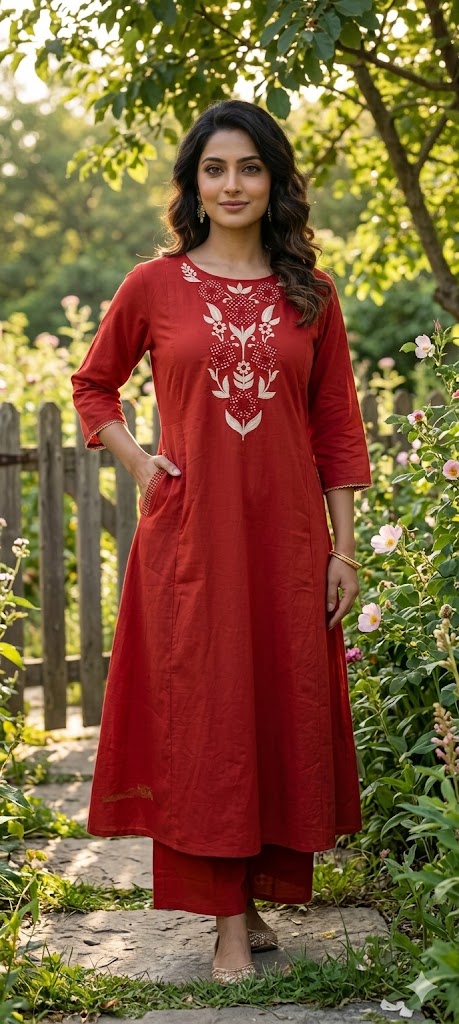 Floral Yoke Thread Embroidered A-Line Cotton Kurta Pant Set With Side Pockets- 13714