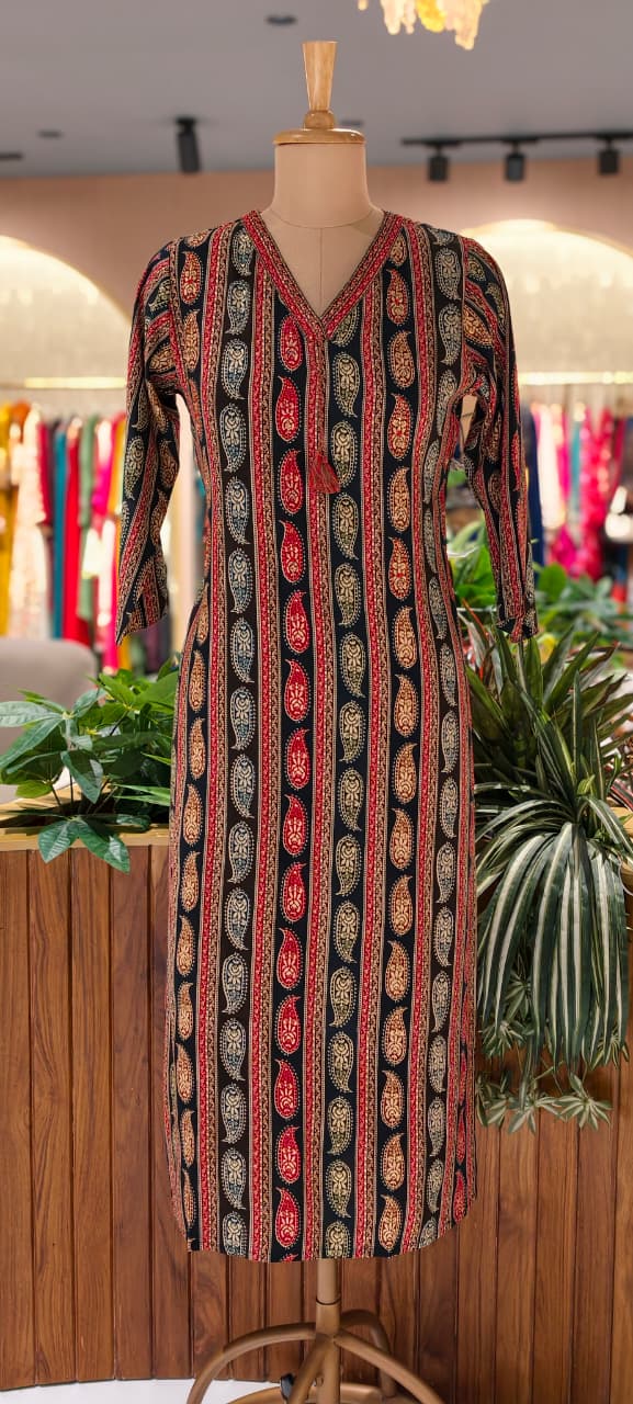 Mango Buti Upside Down Print Colorful Kurti Only- 13749 (Slightly Lean Fit)