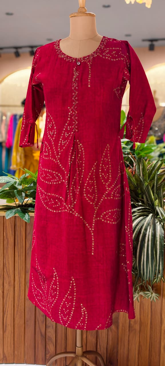 Aline Bandhej Giant Leavy Printed Vibrant Mural Silk Kurti Only (Slightly Lean Fit)-13749