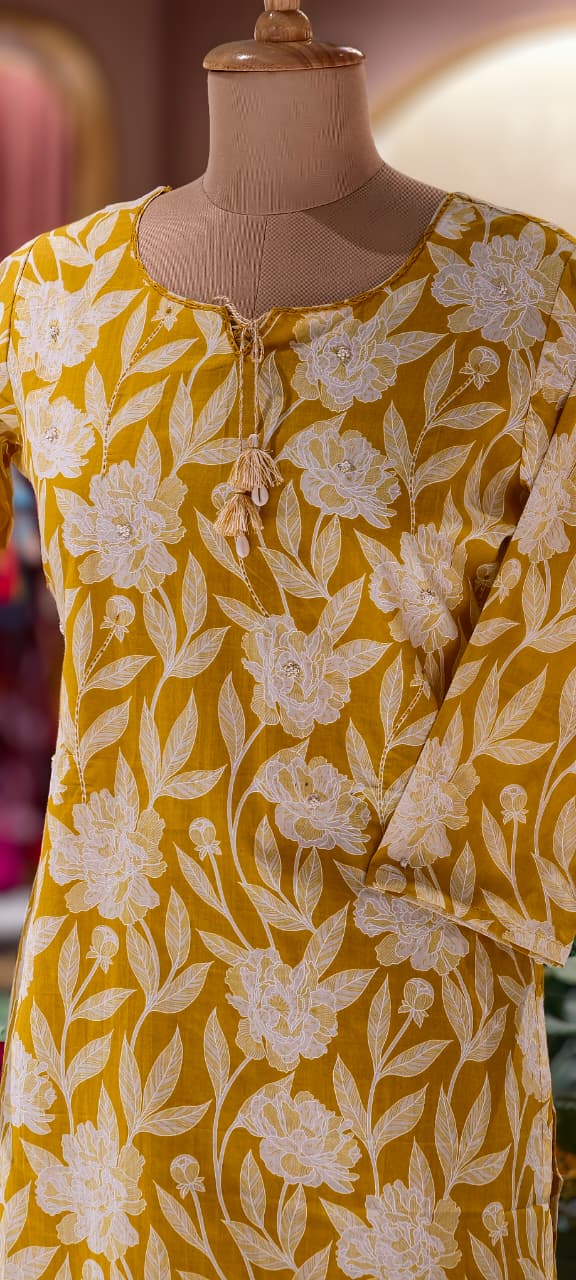 Sheer Elegance Summer Tone Leafy Floral Printed Cotton Kurti Only