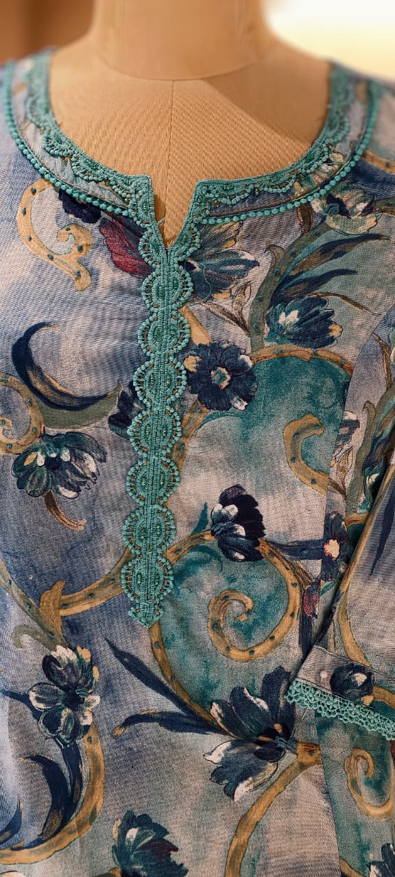 Aline Floral Textured Crosia Neck Line Cotton Kurti Only No Side Slit (Slightly Lean Fit)