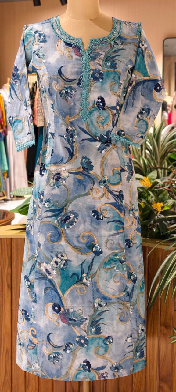 Aline Floral Textured Crosia Neck Line Cotton Kurti Only No Side Slit (Slightly Lean Fit)