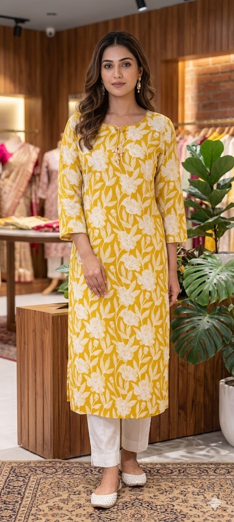 Sheer Elegance Summer Tone Leafy Floral Printed Cotton Kurti Only