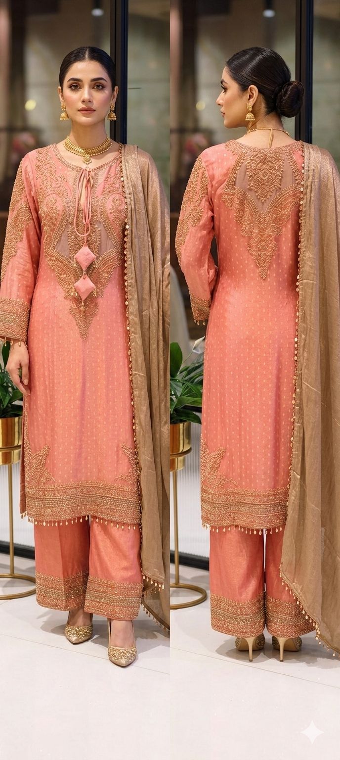 Royal Jade Hand-Embellished Premium Sheer High-End Pure Pakistani Full Suit Set With Tasseled Dupatta