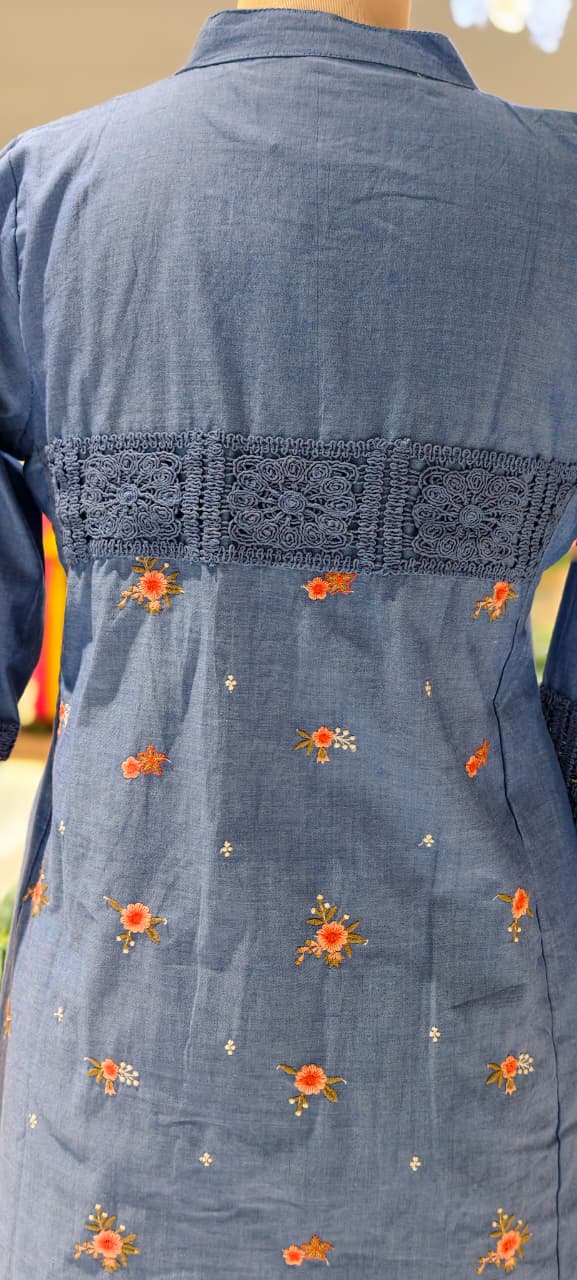 Denim Look Cute Crosia Work Over Waist Floral Embroidery A-Line Kurta Pant Set- 13725