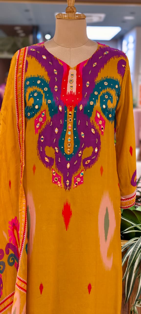 Ikkat Print Vibrant Color Combination Real Mirror Elegance Crepe Full Suit Set With Organza Dupatta, Lining Inside (Slightly Lean Fit)- 13754