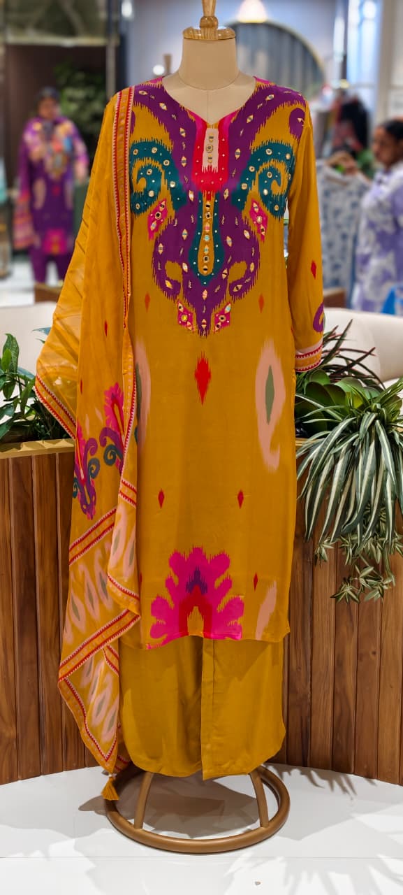 Ikkat Print Vibrant Color Combination Real Mirror Elegance Crepe Full Suit Set With Organza Dupatta, Lining Inside (Slightly Lean Fit)- 13754