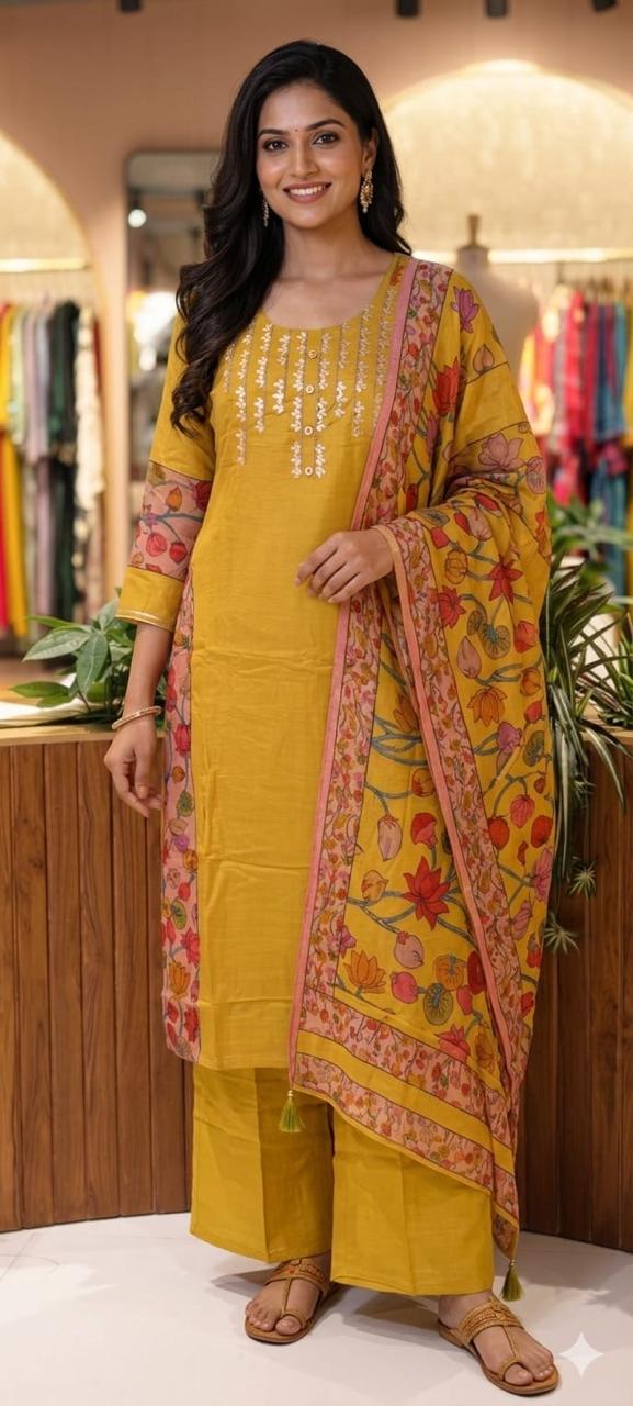 Gotta Paralleled Yoke With Floral Print In Side Slits Full Suit Set With Floral Dupatta In Crepe Fabric- 13758 (Slightly Lean Fit)