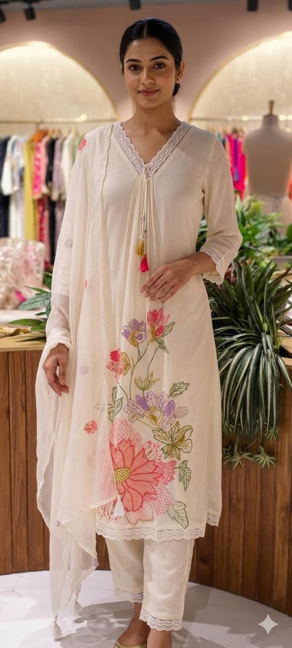 Floral Meadowed Patch Look Crosia Work A-Line Full Suit Set With Dupatta In Crush Cotton Fabric- 13780