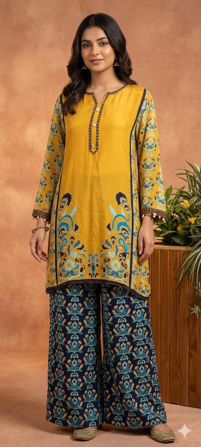 Mosaic Printed Crystaled Buttoned Neck Line Kurta Pant Set In Crepe Fabric(Slightly Lean Fit)- 13759 Dispatching After Monday