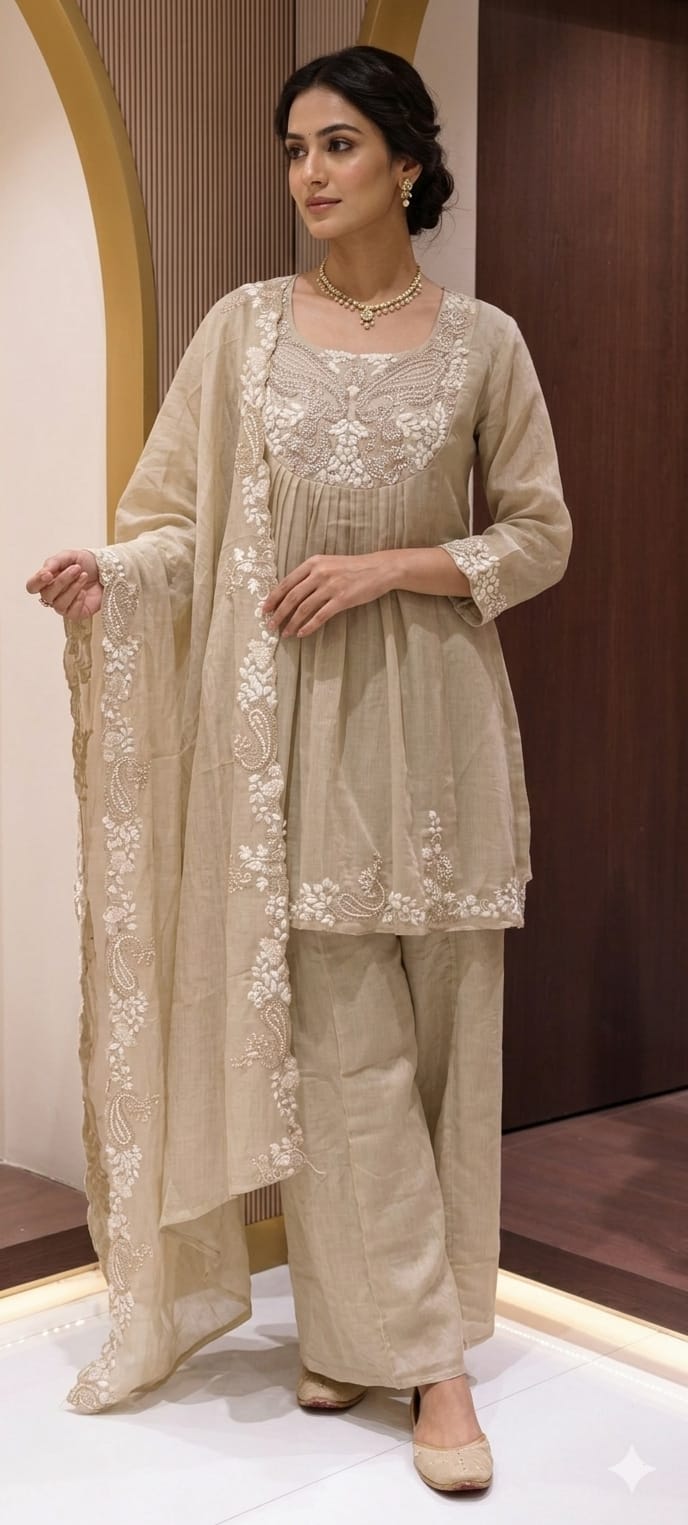 Zardosi Rich Look Yoke Suttle Short Length A-Line Full Suit Set With Loose Bottom In Mul Chanderi Fabric- 13722