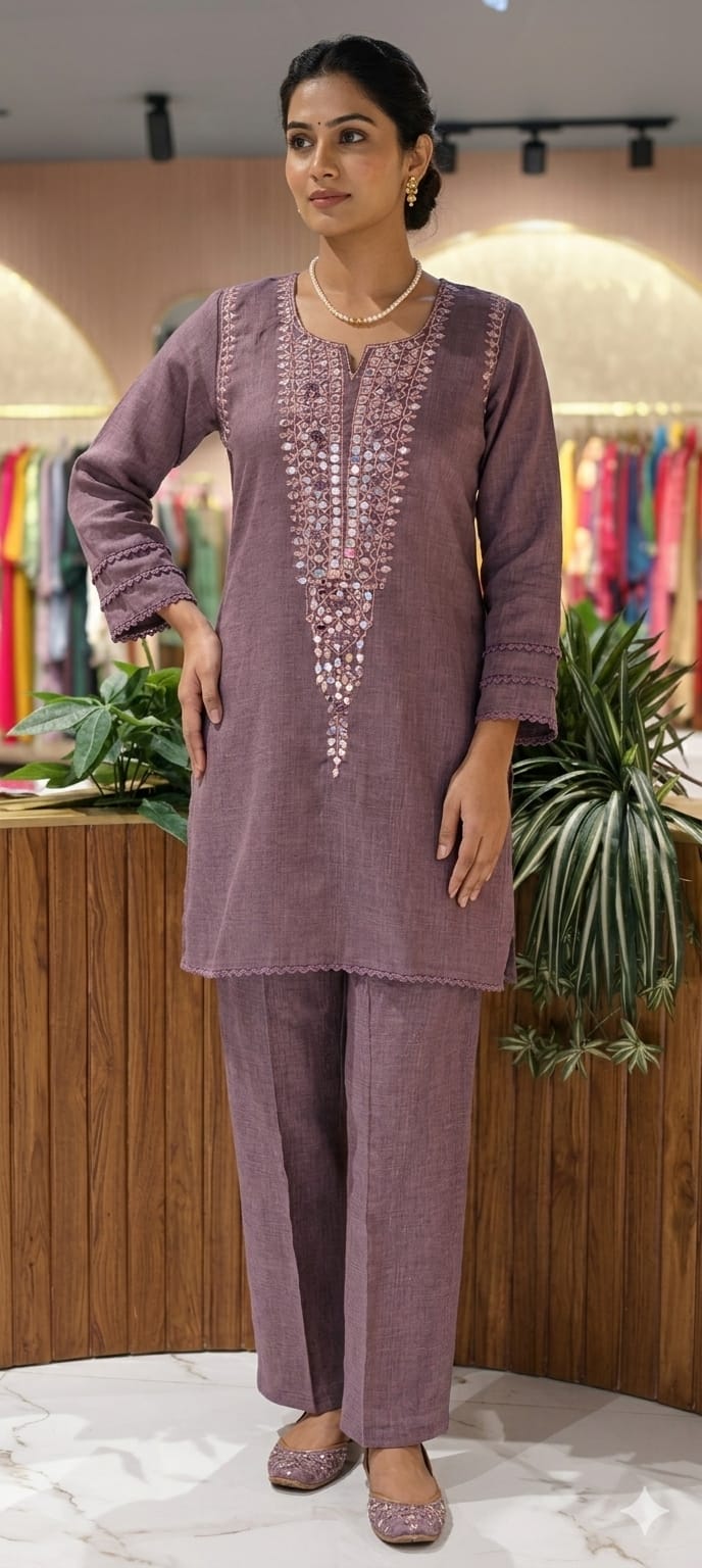 Real Mirror With Thread Upwork Coiled V-Yoke Kurta Pant Set In Jute Cotton Fabric- 13761