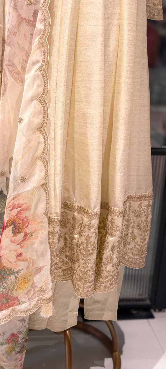 Pure Zardosi Fine Embroidery Panel Anarkali Full Suit Set With Floral Printed Dupatta In Silk Fabric- 13604