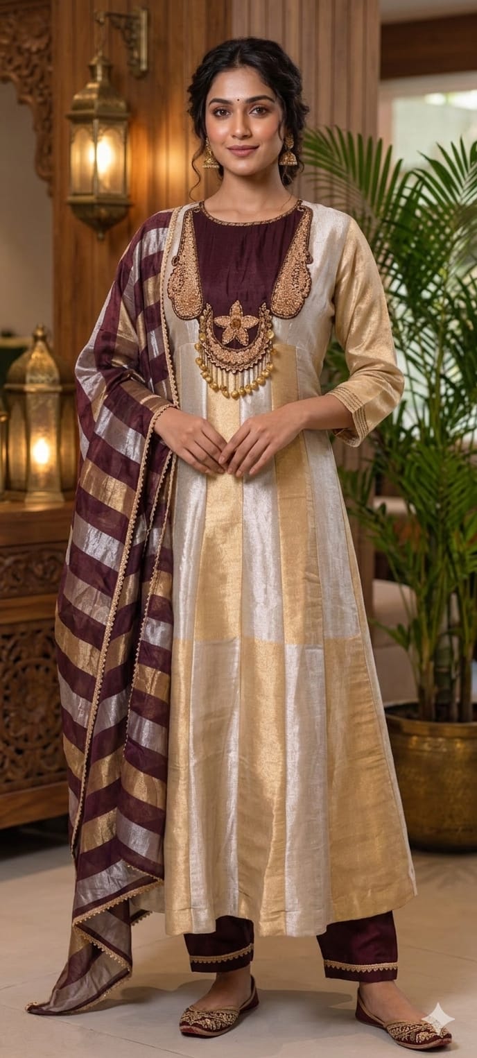 Classic Nior Grand Antique Jewel Look Yoke Tissue Elegance Striking Striped Panel Anarkali Full Suit Set With Dupatta- 13810