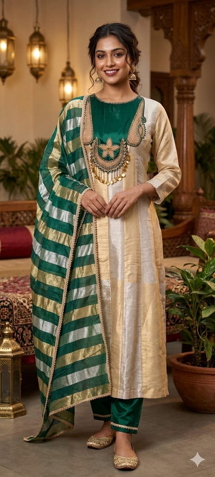 Classic Nior Grand Antique Jewel Look Yoke Tissue Elegance Striking Striped Panel Anarkali Full Suit Set With Dupatta- 13810