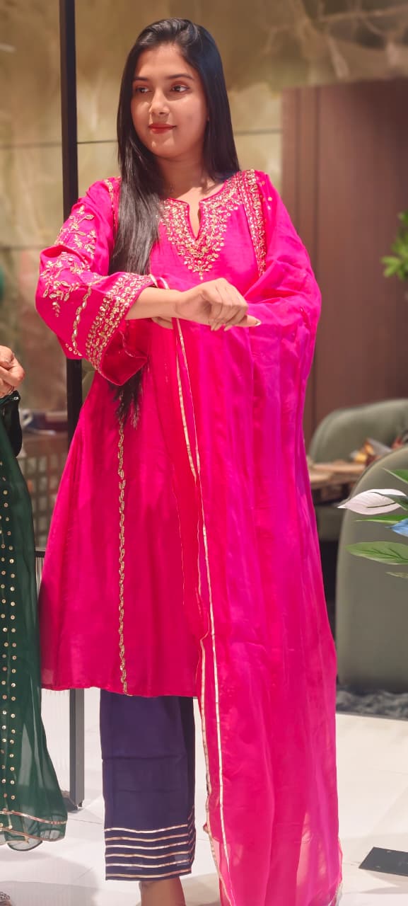 Tiny Sequin Detailing Hand Worked Contrast Mix Vibrant A-Line Full Suit Set With Dupatta In Russian Silk Fabric- 13808