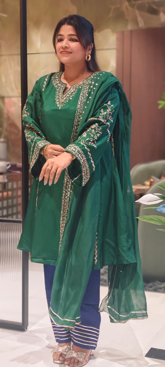 Tiny Sequin Detailing Hand Worked Contrast Mix Vibrant A-Line Full Suit Set With Dupatta In Russian Silk Fabric- 13808