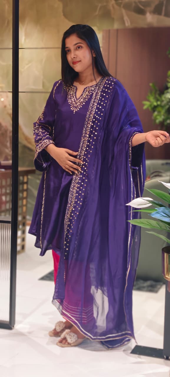 Tiny Sequin Detailing Hand Worked Contrast Mix Vibrant A-Line Full Suit Set With Dupatta In Russian Silk Fabric- 13808