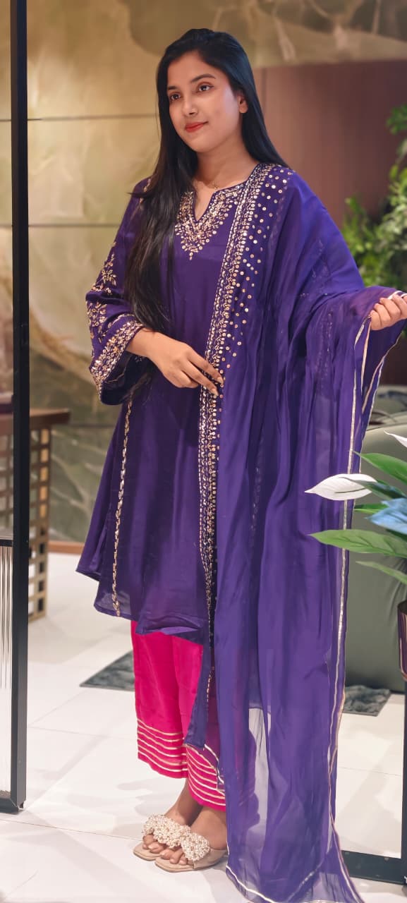 Tiny Sequin Detailing Hand Worked Contrast Mix Vibrant A-Line Full Suit Set With Dupatta In Russian Silk Fabric- 13808