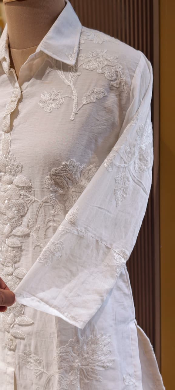Pearl White Floral Embroidered Premium Cotton Co-Ord Set With Tiny Pearl & Sequin Placket- 13829