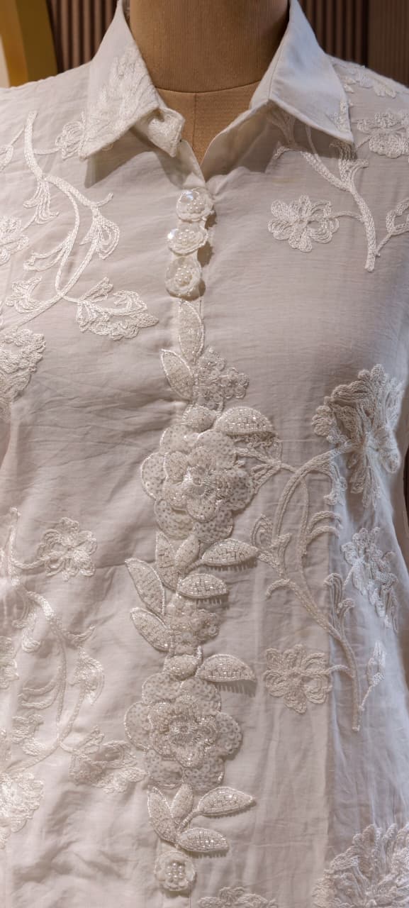 Pearl White Floral Embroidered Premium Cotton Co-Ord Set With Tiny Pearl & Sequin Placket- 13829
