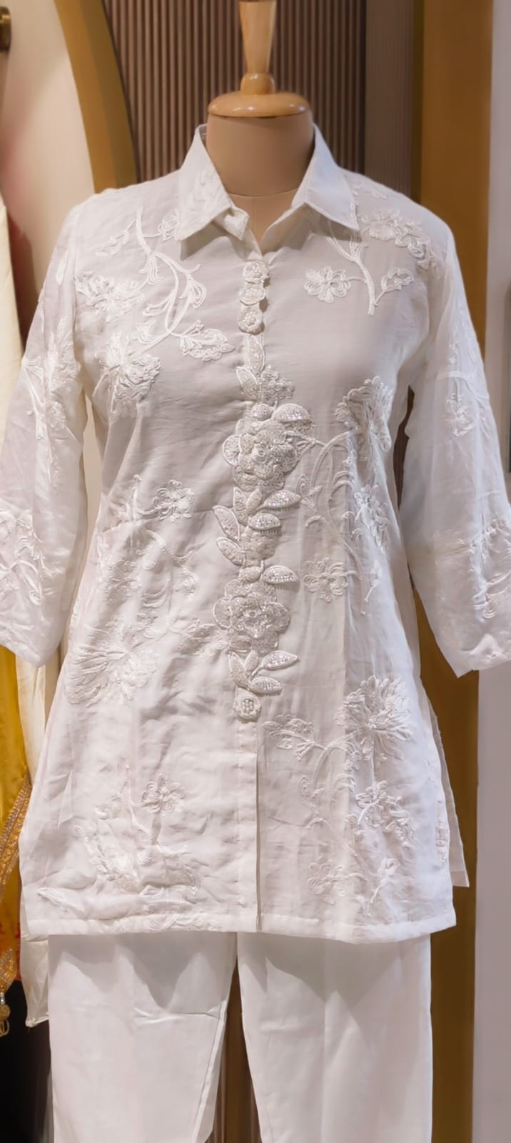 Pearl White Floral Embroidered Premium Cotton Co-Ord Set With Tiny Pearl & Sequin Placket- 13829