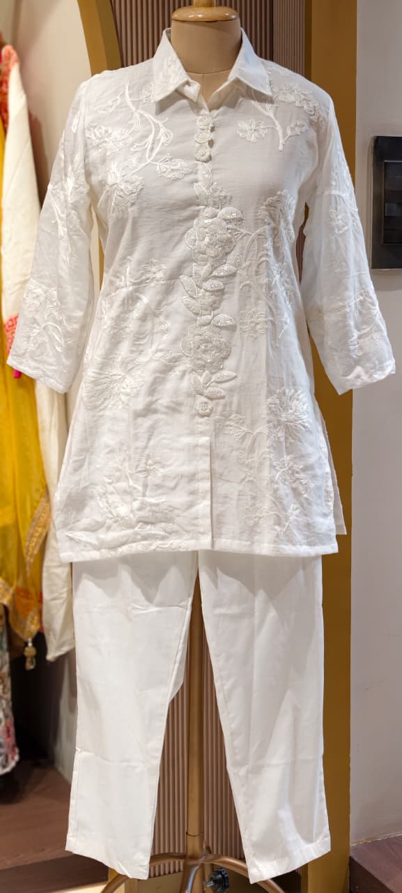 Pearl White Floral Embroidered Premium Cotton Co-Ord Set With Tiny Pearl & Sequin Placket- 13829