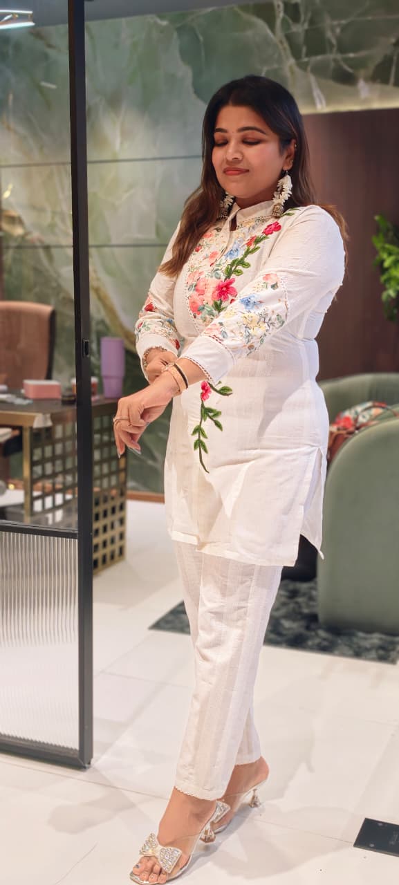 Floral Charm Meadowed Embroidered Elegant Co-Ord Set In Premium Cotton Fabric- 13830