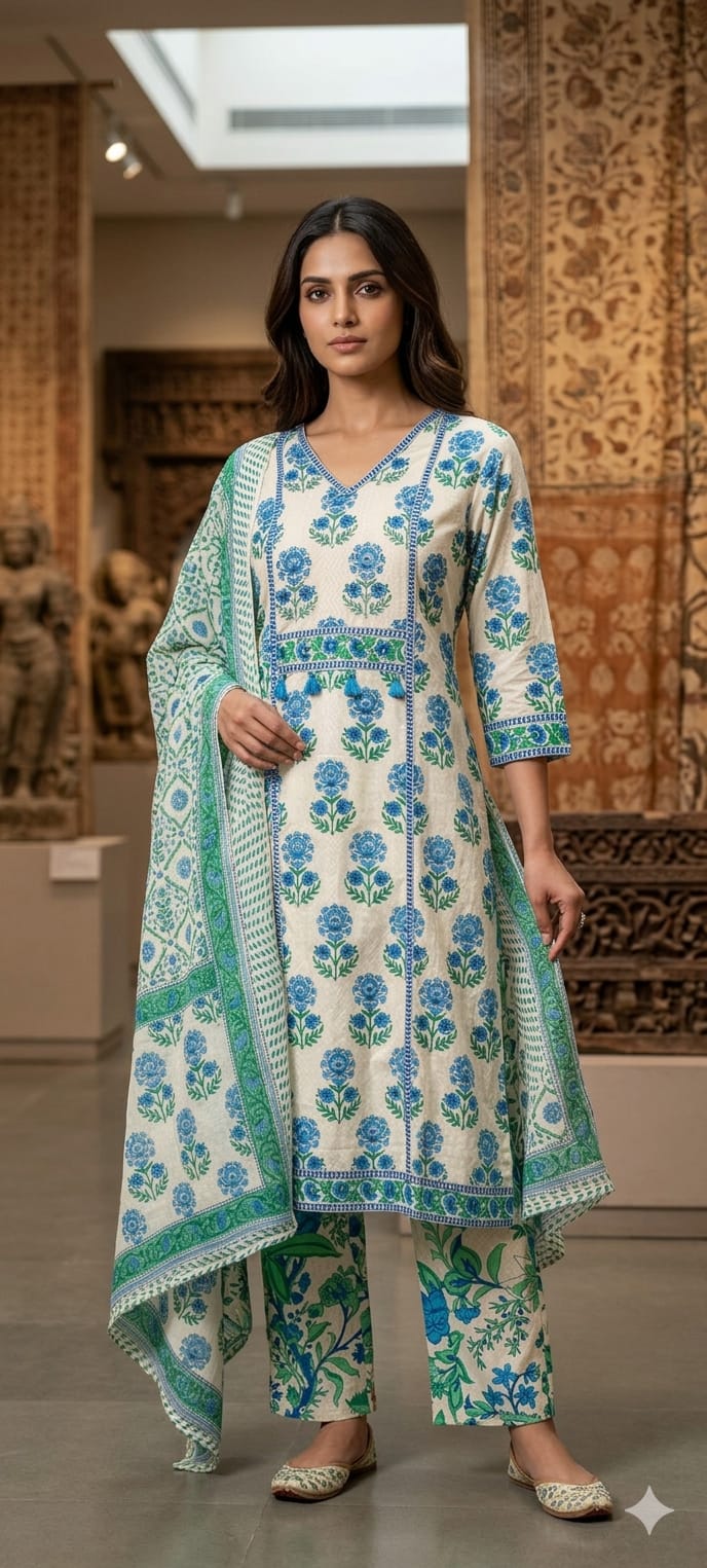 Summer Cotton Block Print With little embroidered Full Suit Set 13621