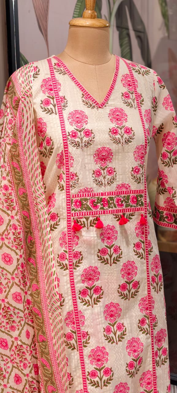 Summer Cotton Block Print With little embroidered Full Suit Set 13621