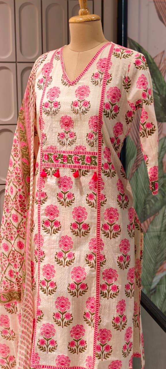 Summer Cotton Block Print With little embroidered Full Suit Set 13621