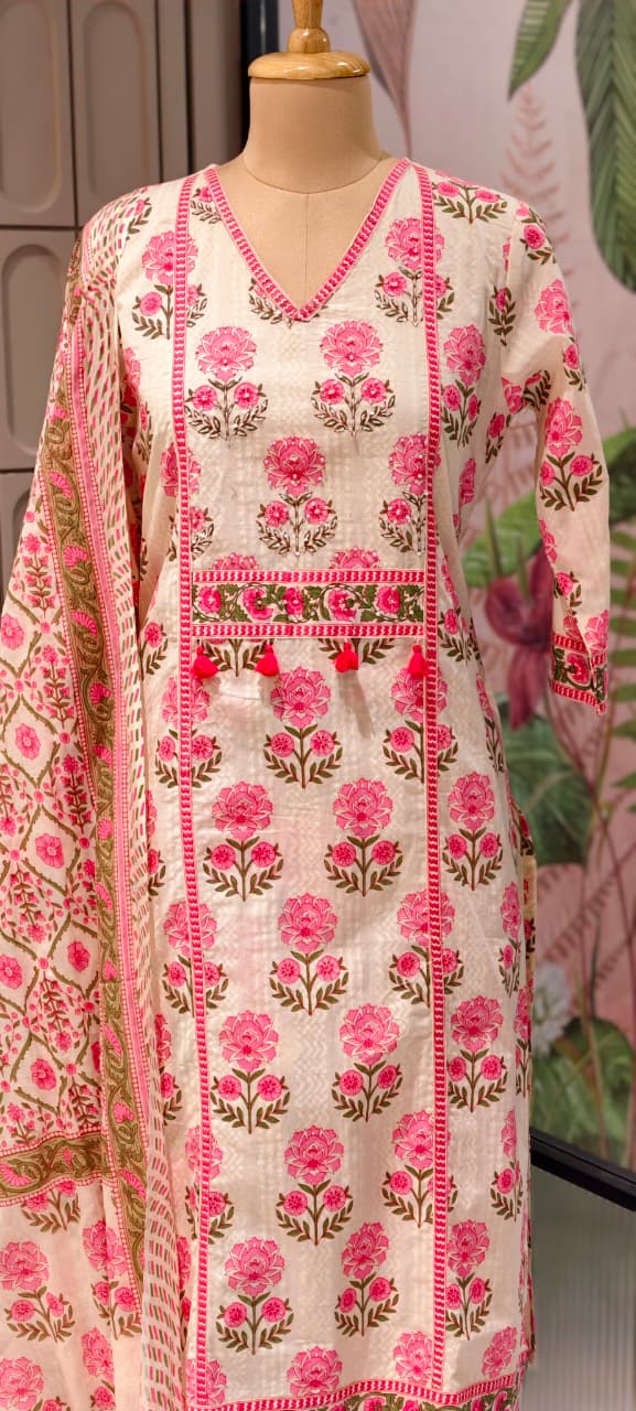 Summer Cotton Block Print With little embroidered Full Suit Set 13621