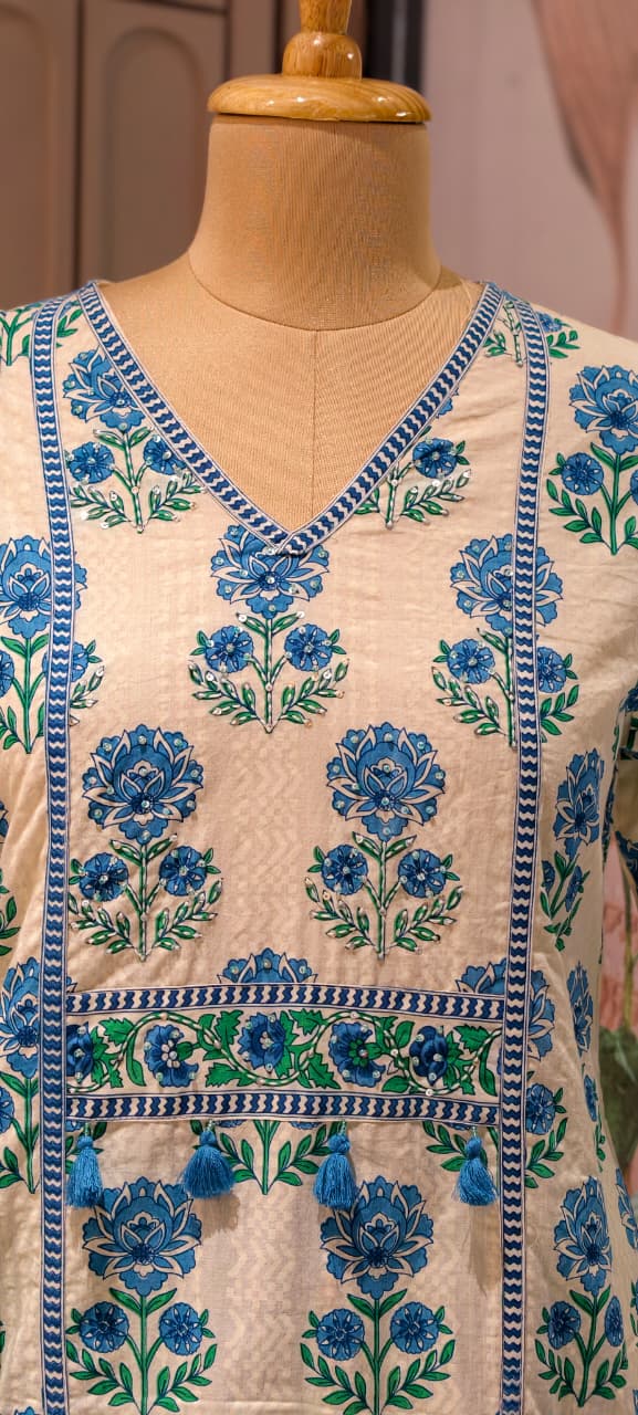 Summer Cotton Block Print With little embroidered Full Suit Set 13621