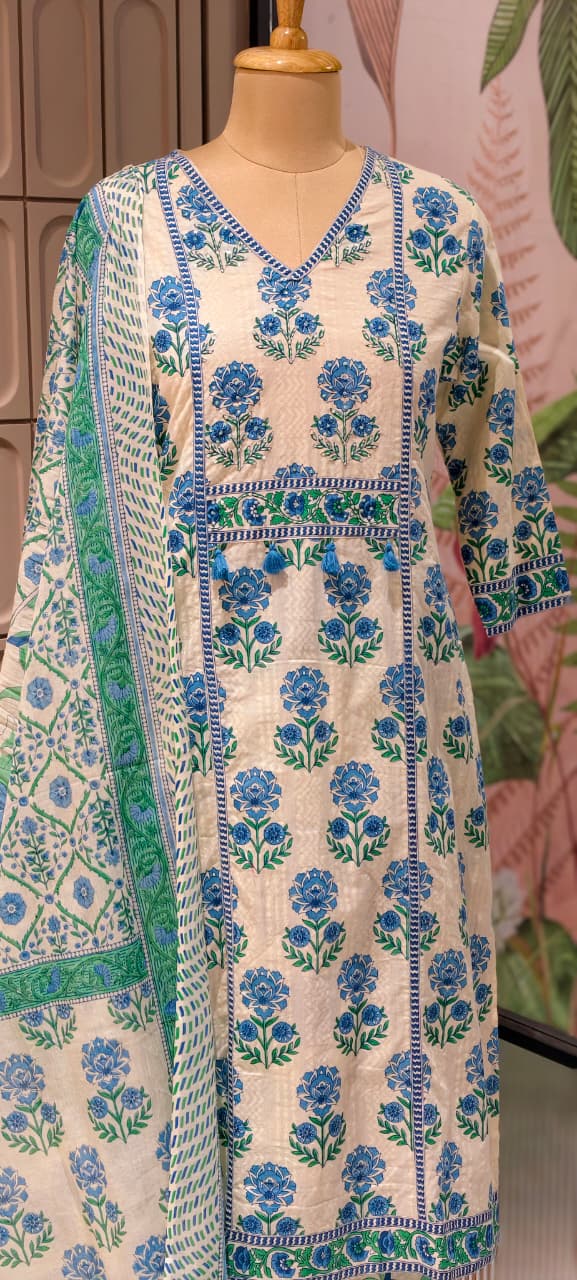 Summer Cotton Block Print With little embroidered Full Suit Set 13621