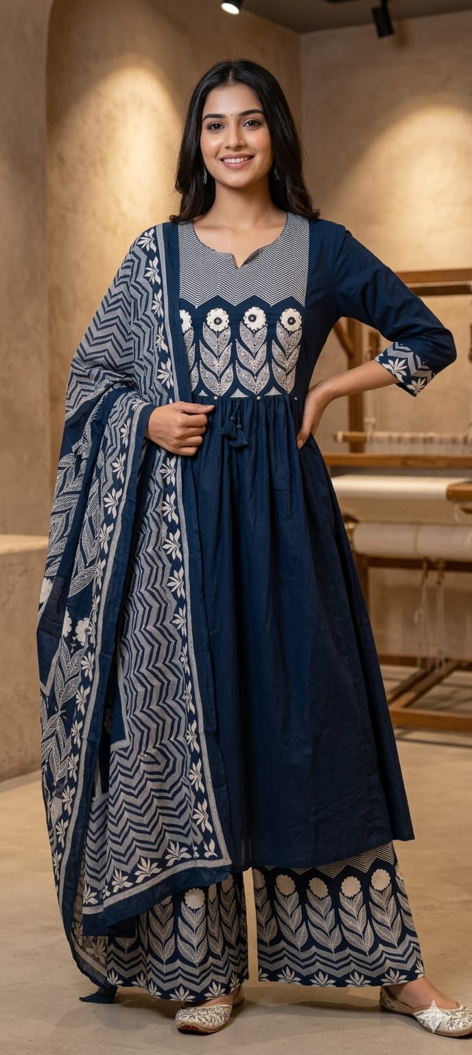 Premium Cotton Embroidered Aline Kurta With Bottom And Dupatta 13840