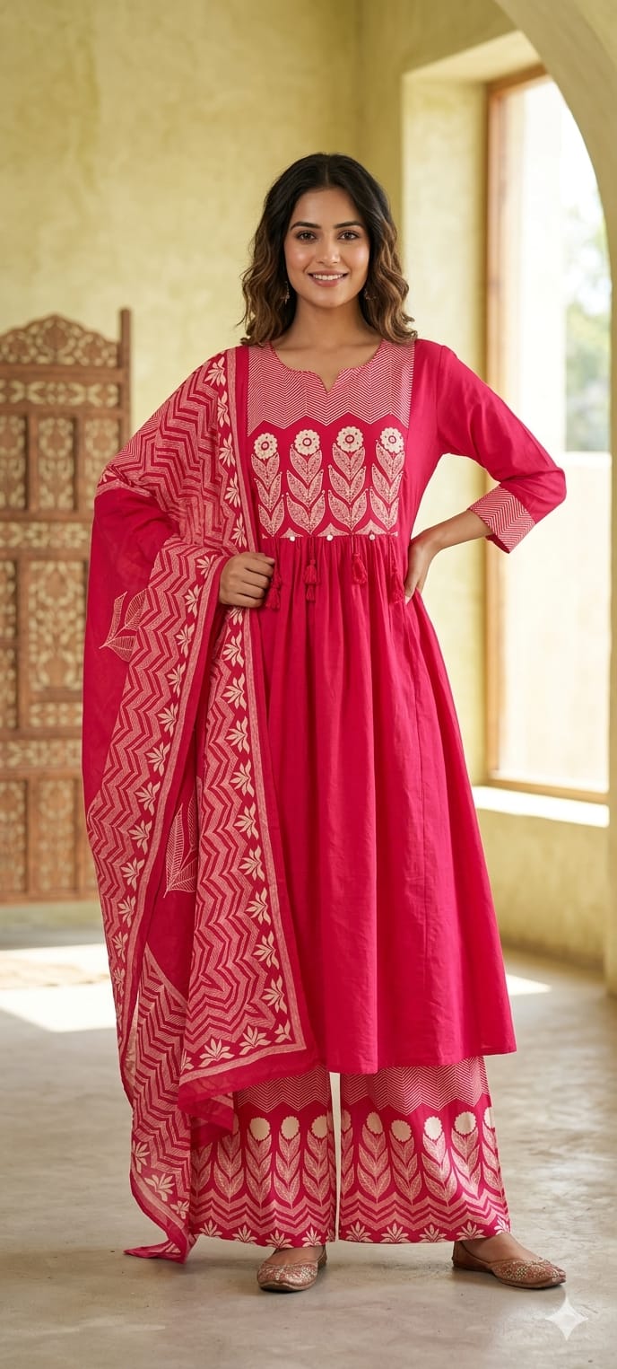 Premium Cotton Embroidered Aline Kurta With Bottom And Dupatta 13840