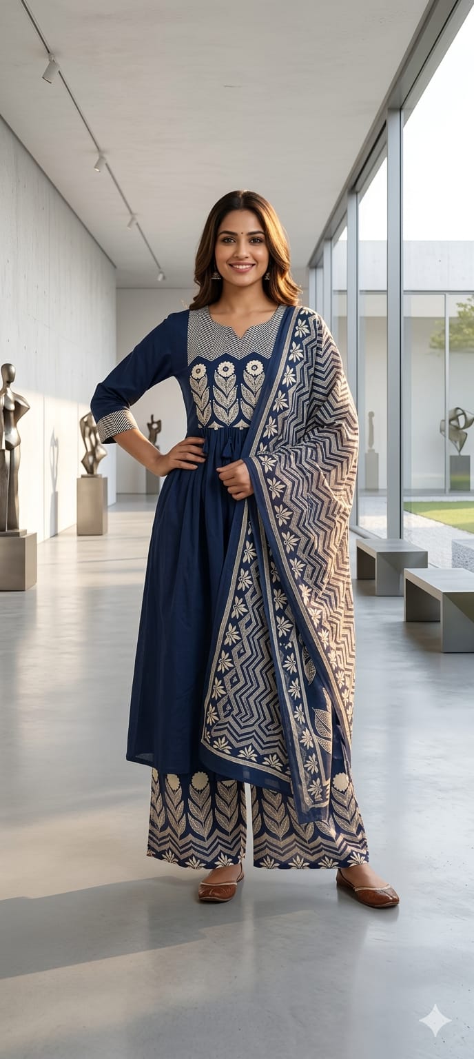Premium Cotton Embroidered Aline Kurta With Bottom And Dupatta 13840