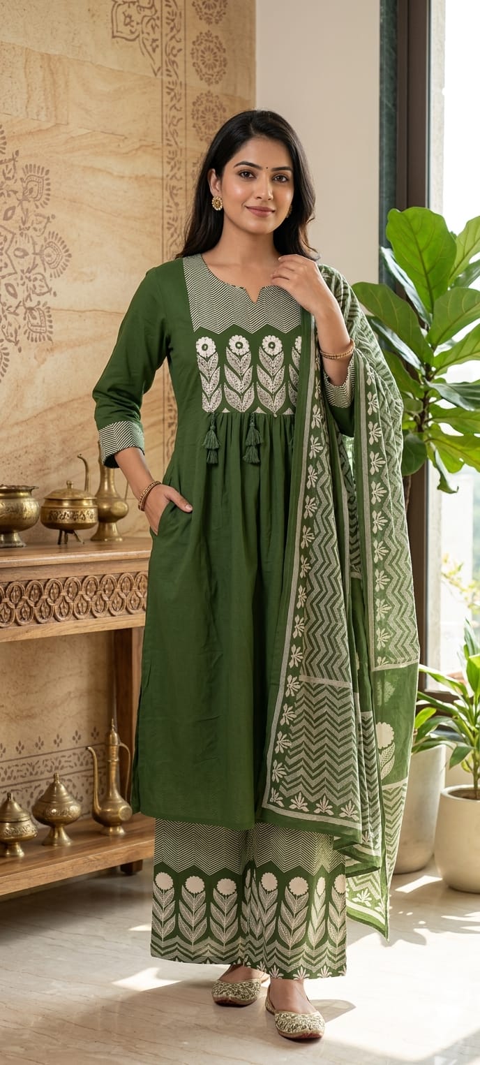 Premium Cotton Embroidered Aline Kurta With Bottom And Dupatta 13840