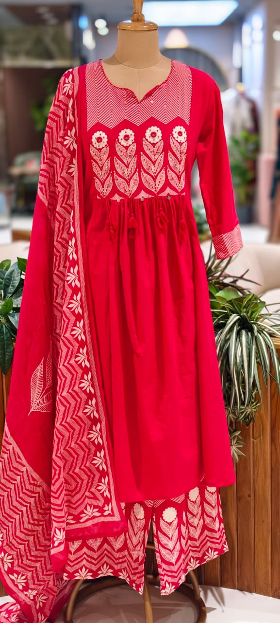 Premium Cotton Embroidered Aline Kurta With Bottom And Dupatta 13840