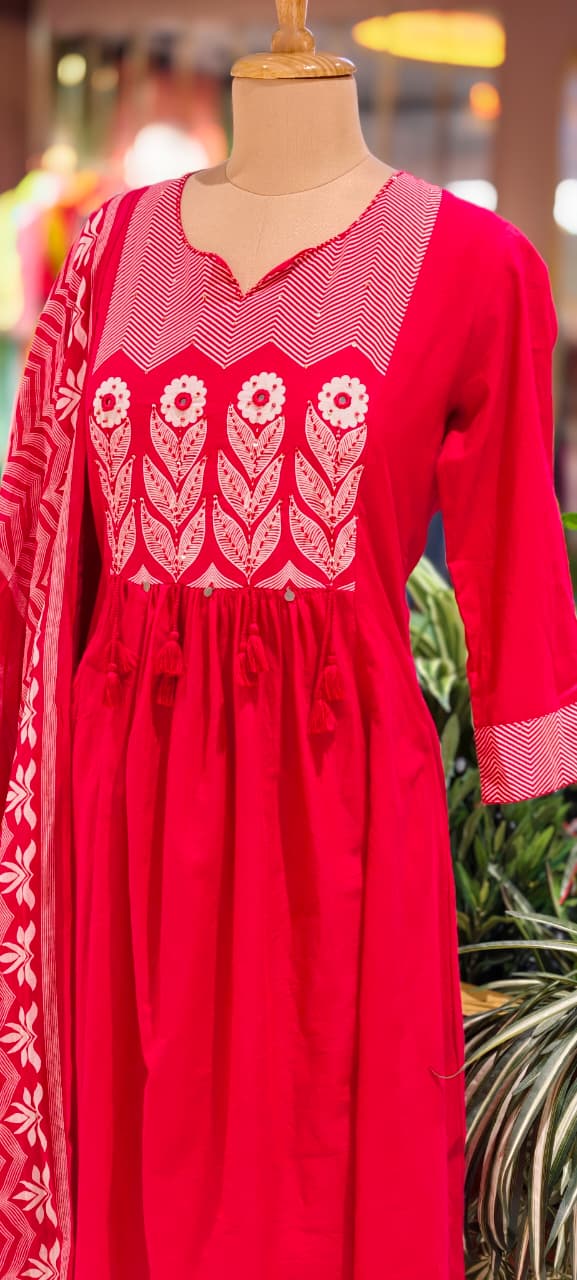 Premium Cotton Embroidered Aline Kurta With Bottom And Dupatta 13840