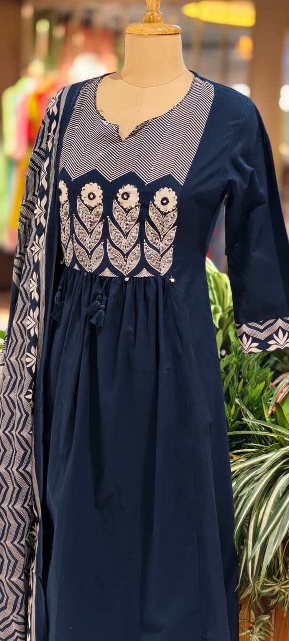 Premium Cotton Embroidered Aline Kurta With Bottom And Dupatta 13840