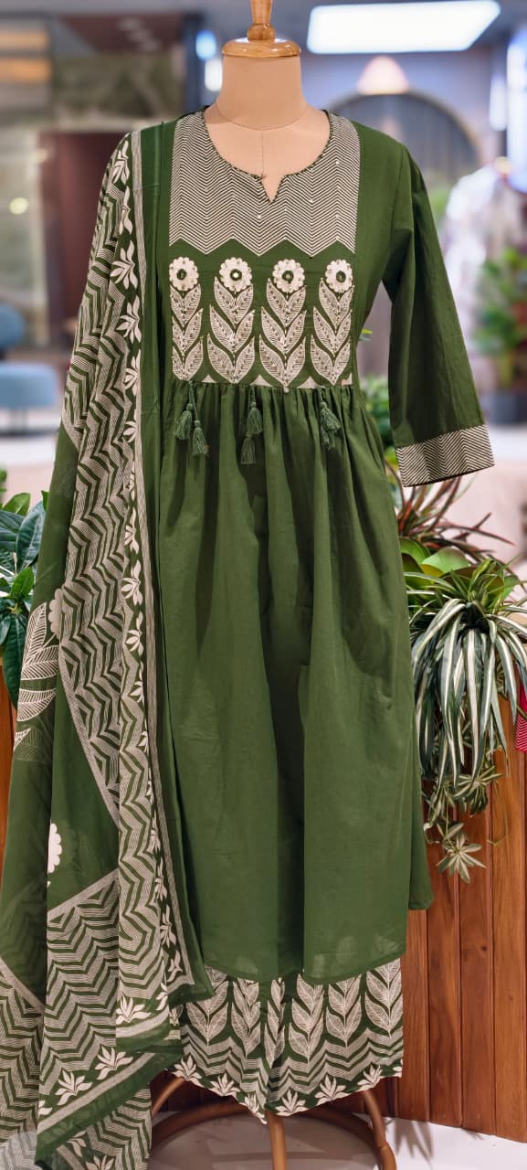 Premium Cotton Embroidered Aline Kurta With Bottom And Dupatta 13840