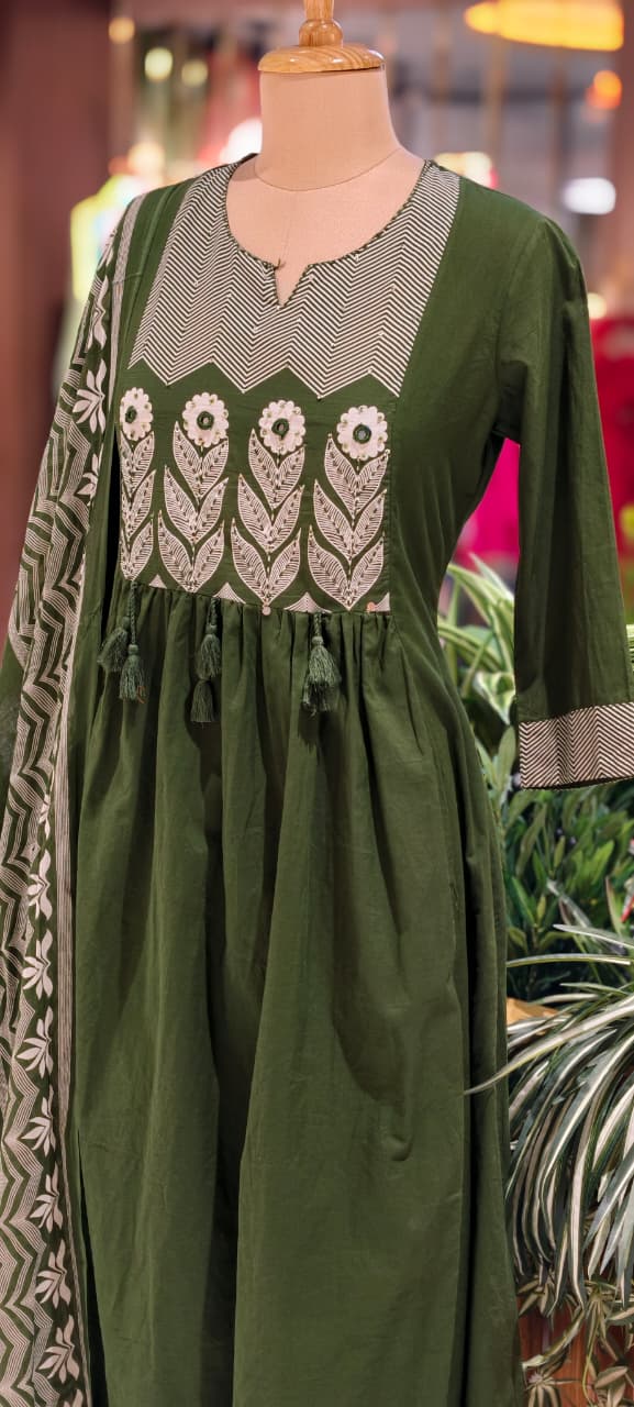 Premium Cotton Embroidered Aline Kurta With Bottom And Dupatta 13840