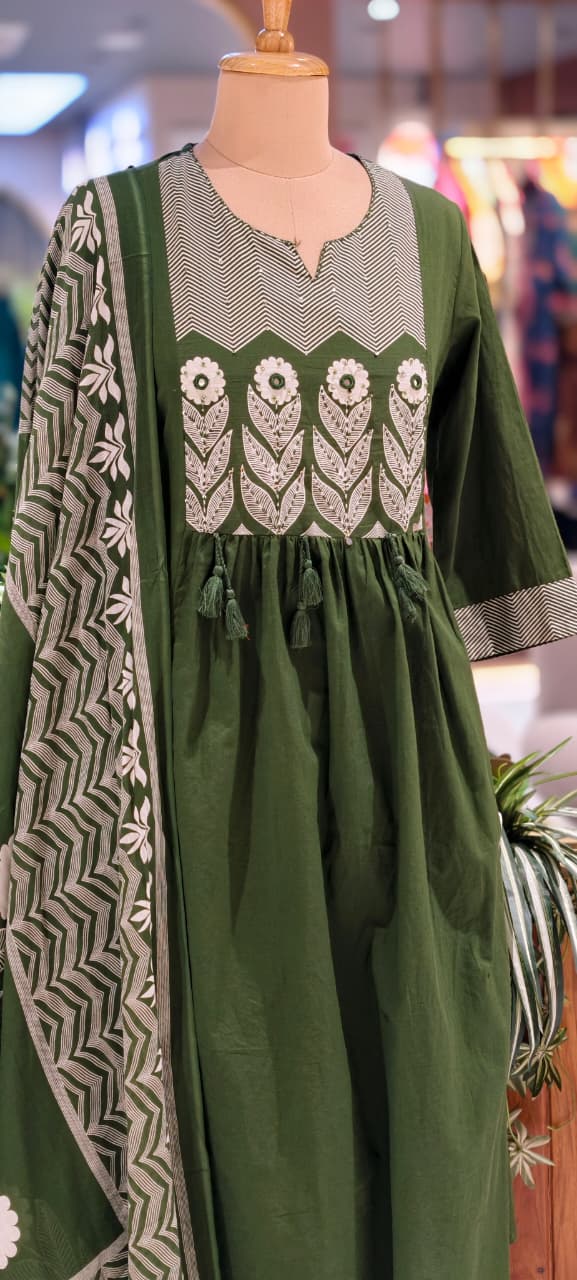 Premium Cotton Embroidered Aline Kurta With Bottom And Dupatta 13840