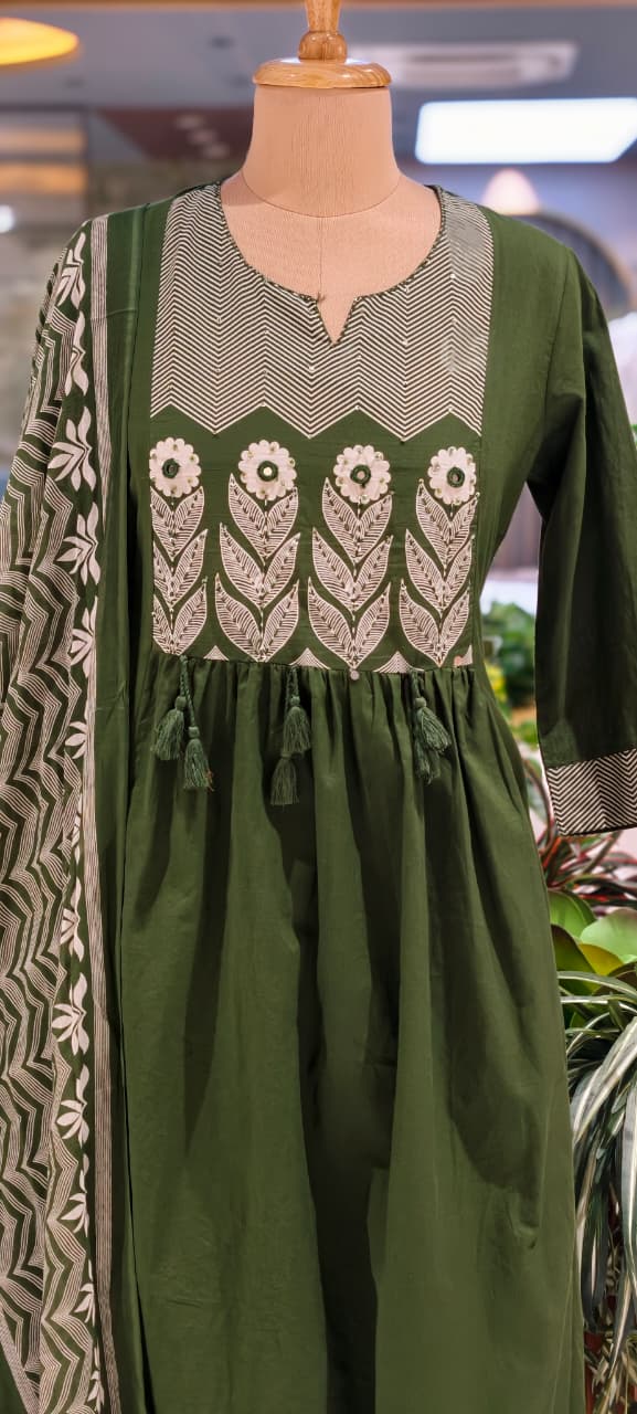 Premium Cotton Embroidered Aline Kurta With Bottom And Dupatta 13840
