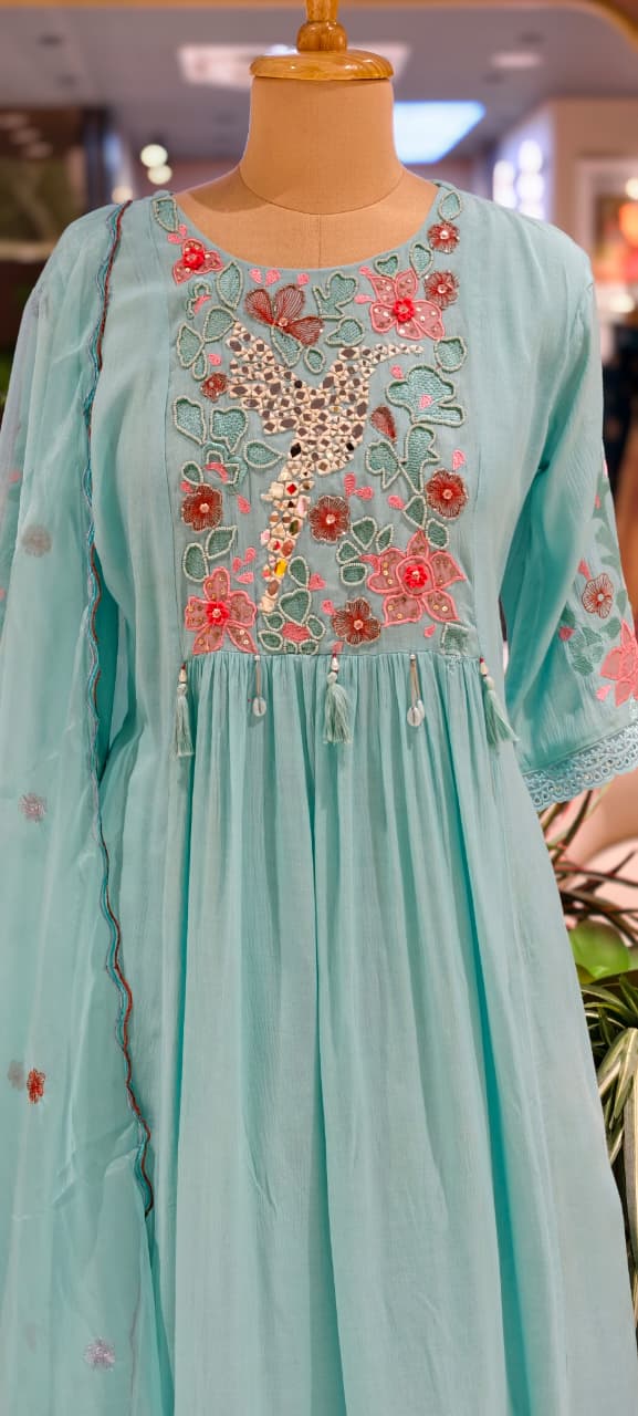 Beautiful Colors Crush Cotton Embroidered Yoke Aline Full Suit Set Polly Organza Dupatta 13838
