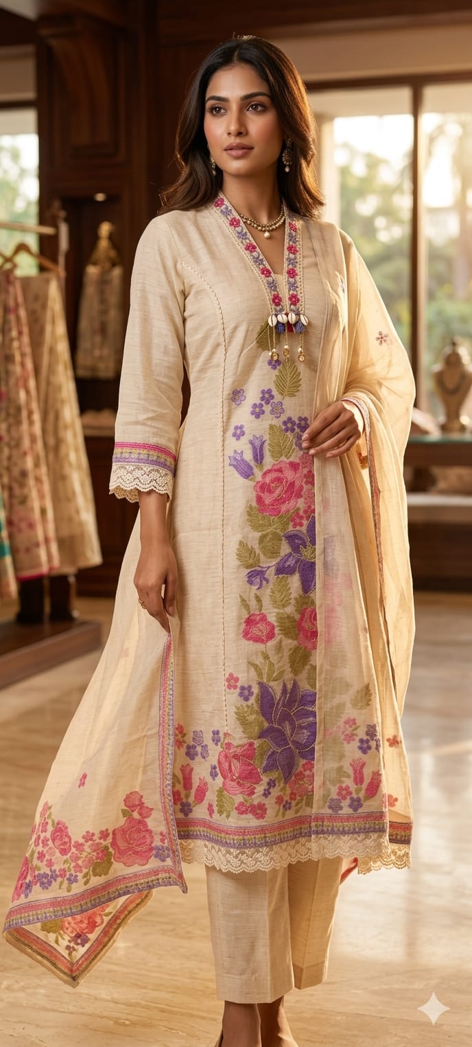 Spring Floral Print With Golden Highlights Crosia Laced A-Lined Full Suit Set With Dupatta Fabric Weaving - 13818